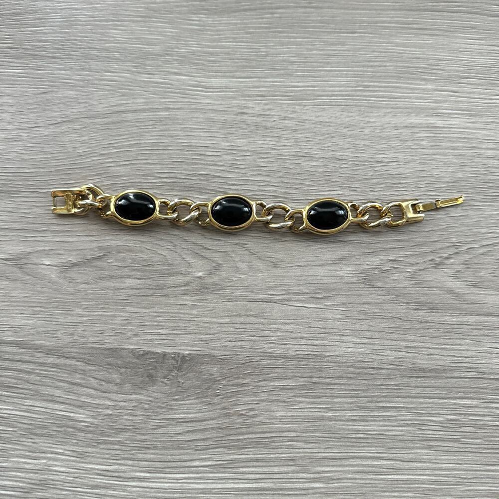Gold Tone Link Bracelet Black Stones Rounded Ovals c 1950s Jewelry Cabochon - Picture 2 of 7